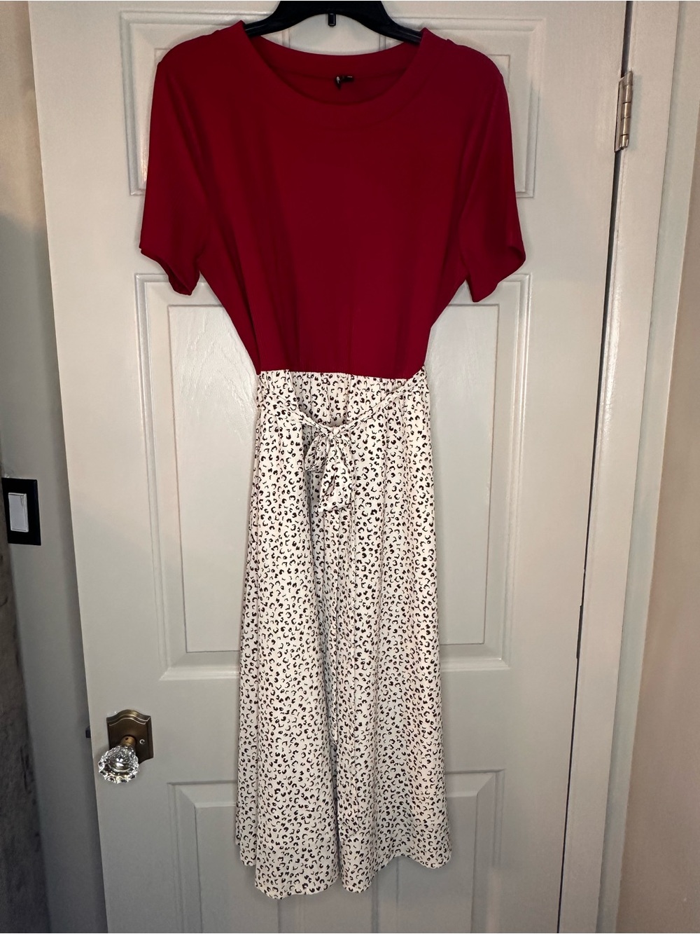 Red Top with Ivory Leopard Print Skirt Midi Dress